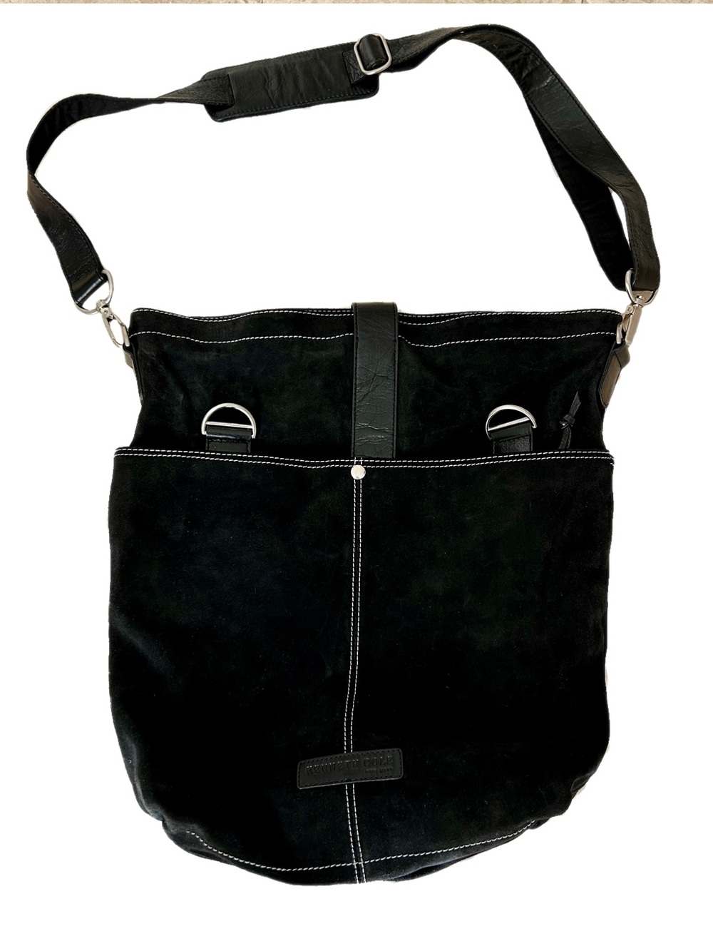 Vintage Kenneth Cole Messenger Bag Black Suede Unisex Large Pockets Convertible